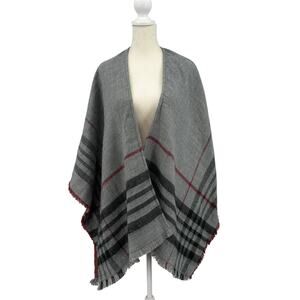 Sears Reversible Plaid Ruana Wrap WMNS One Size Gray/Wine Shawl Woven Poncho